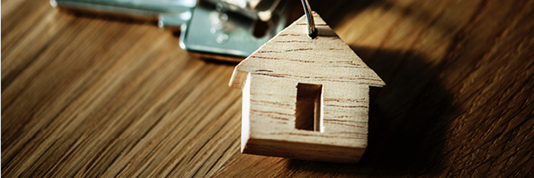 Keys with a wooden house keychain