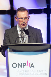 Steve Garrison accepts his Sybil Frenette Award for Outstanding Leadership at the 2019 ONPHA Conference