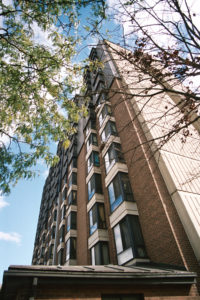 Exterior of a high-rise apartment building.