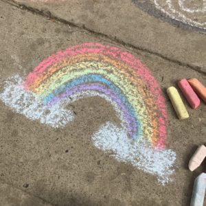 Sidewalk chalk art of a rainbow.