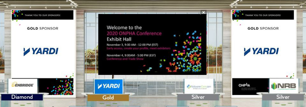 An image of ONPHA's virtual trade show, in a virtual exhibit hall