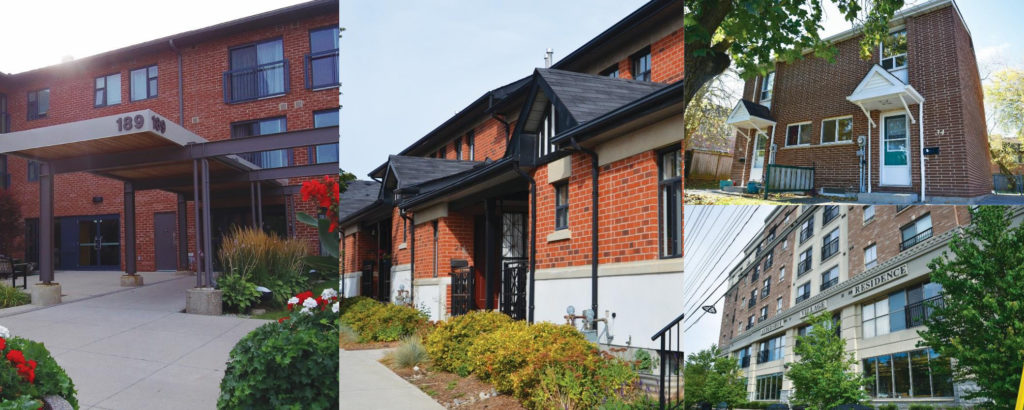 Images left to right: the outside of a low-rise apartment building; exterior view of a row of townhomes; exterior of a small multi-unit building; the outside of a low-rise apartment building