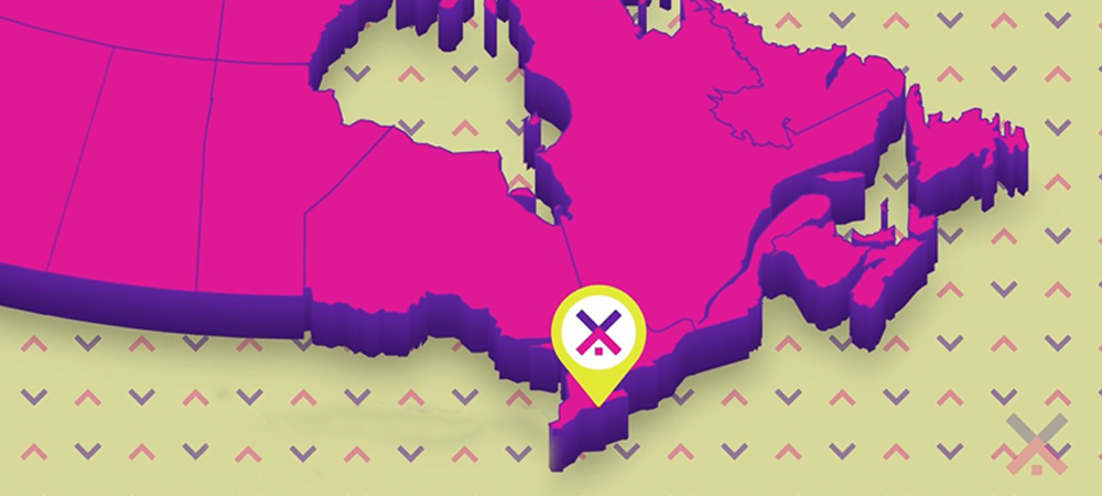 Map of Canada with the Vote Housing logo pinned on Ontario