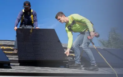 Two workers on a roof