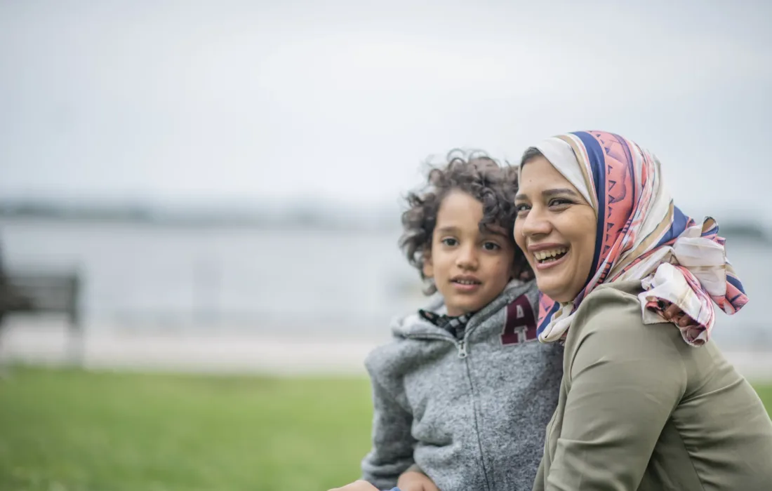 Mother and son in the city