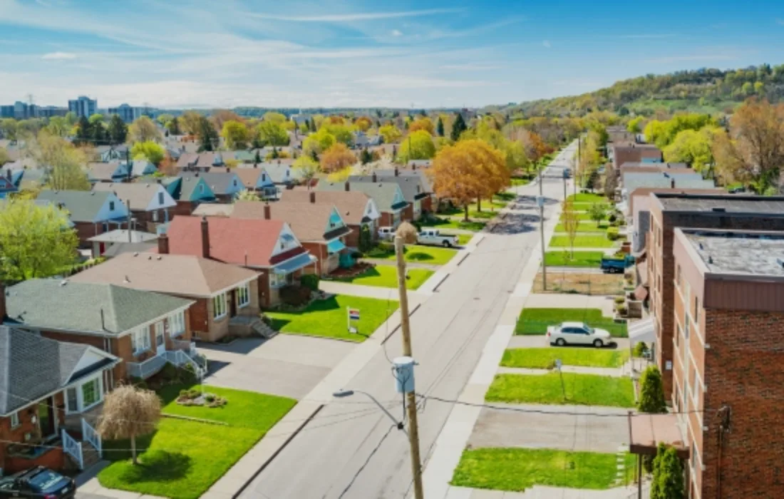 Photograph as seen from above of a neighbourhood in Hamilton, Ontario on a sunny day