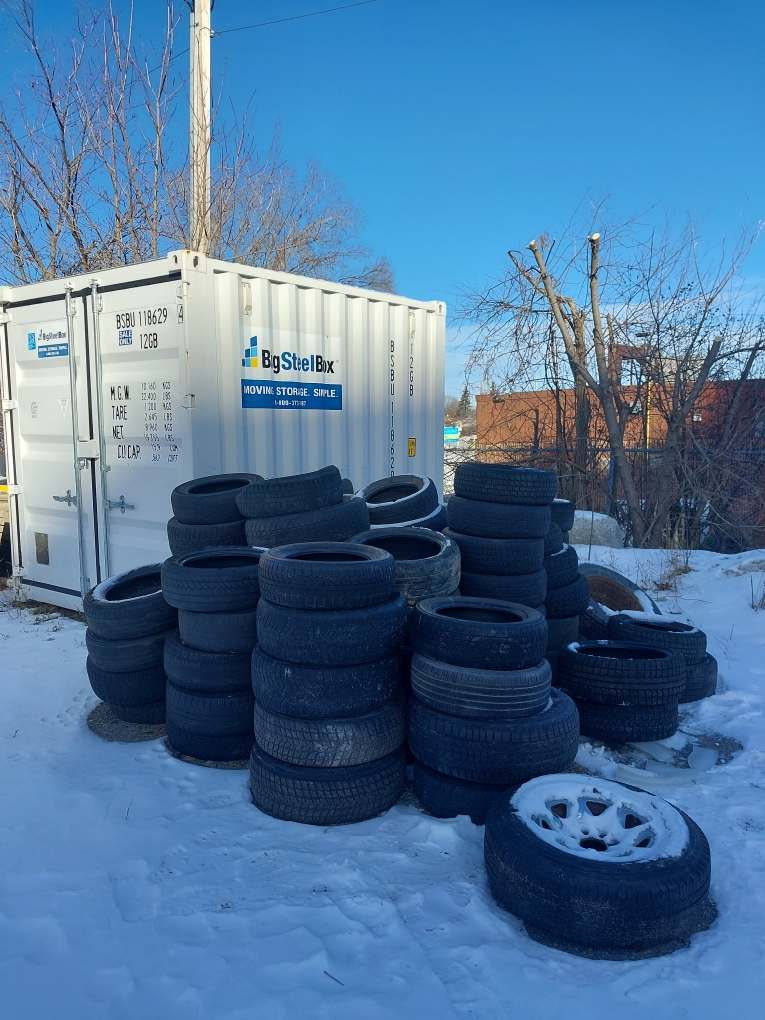 Tires piled up outside OCH for their tire recycling program