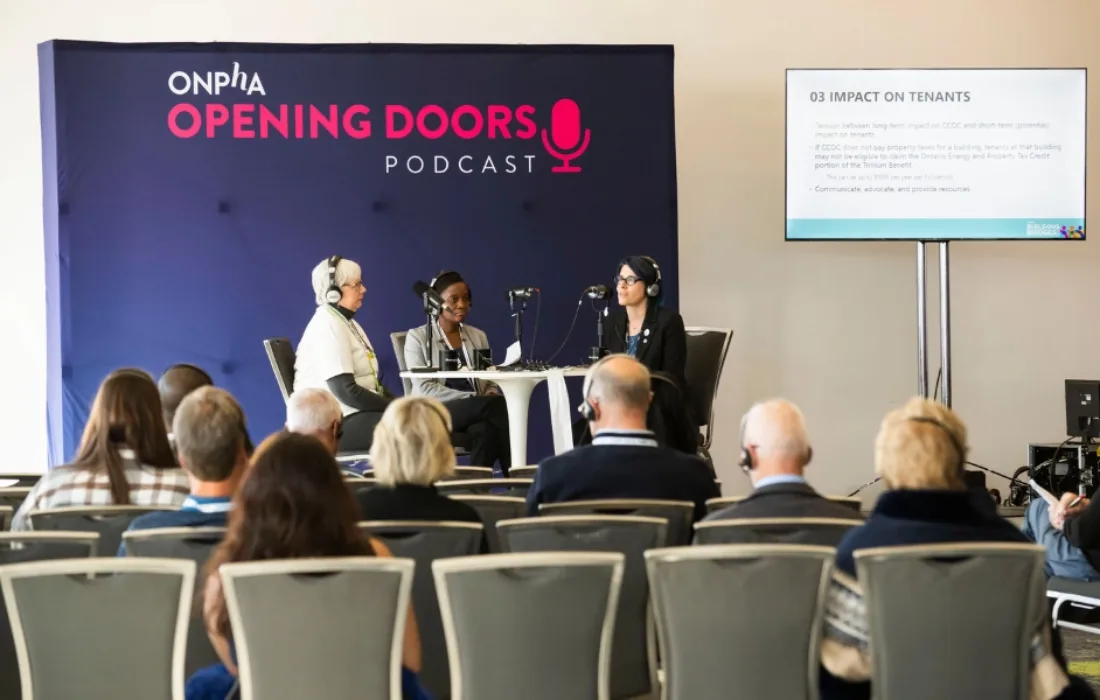 Photo of the Opening Doors podcast stage at the 2024 ONPHA Conference