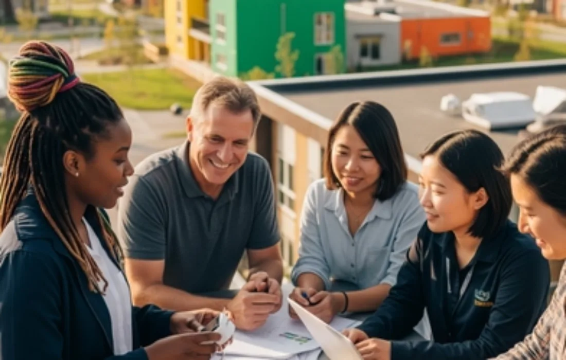Collaboration in Ontario Community Housing: A diverse team reviews plans for an innovative and sustainable affordable housing development.