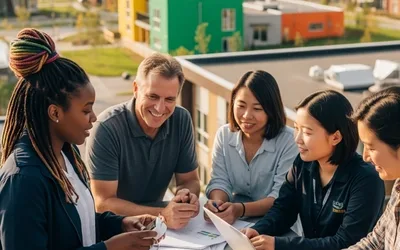 Collaboration in Ontario Community Housing: A diverse team reviews plans for an innovative and sustainable affordable housing development.