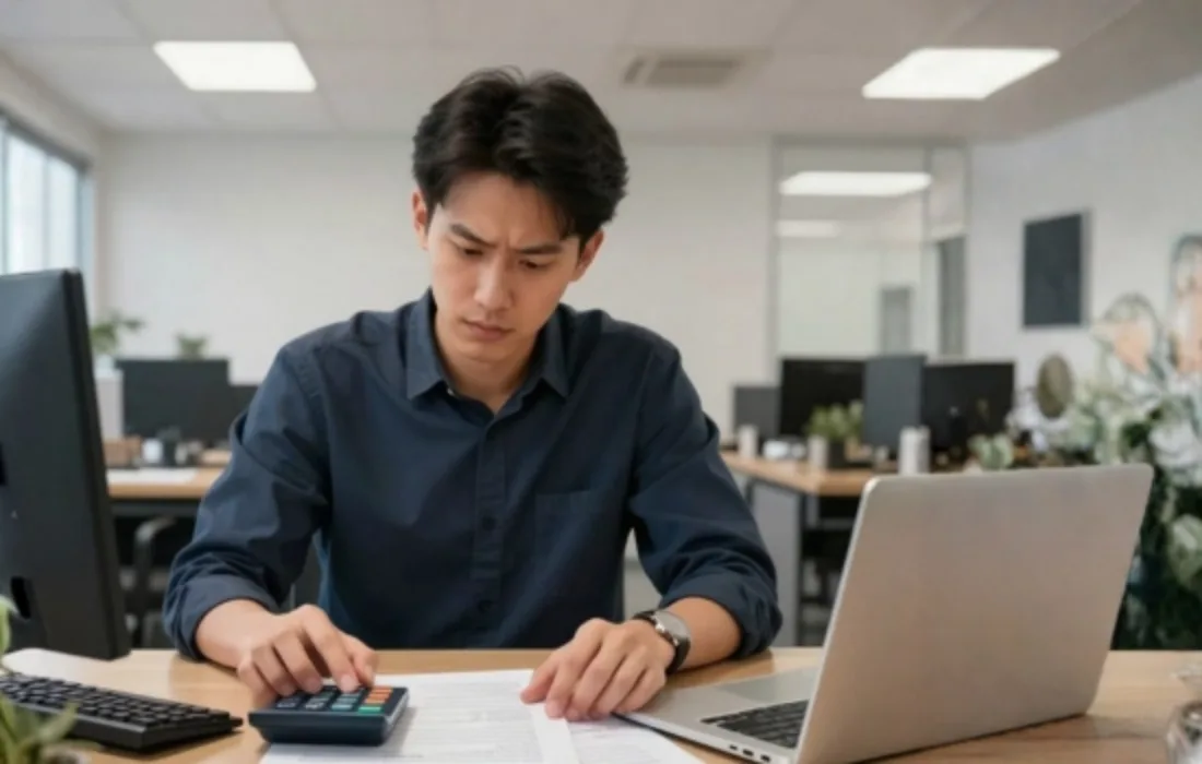 A person using a calculator to do his tax calculations